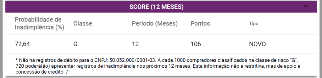Score de CNPJ, consultar score do cliente. Imagem do Score novo fornecida por Protector Brasil.